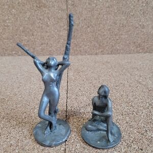 Pewter Figurines Handmade Art Deco Eden Couple Adam and Eve Leaning on Dry Tree